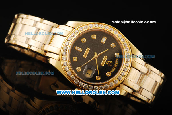 Rolex Day-Date Swiss ETA 2824 Automatic Movement Case with Diamond Markers/Bezel and Gold Strap - Click Image to Close